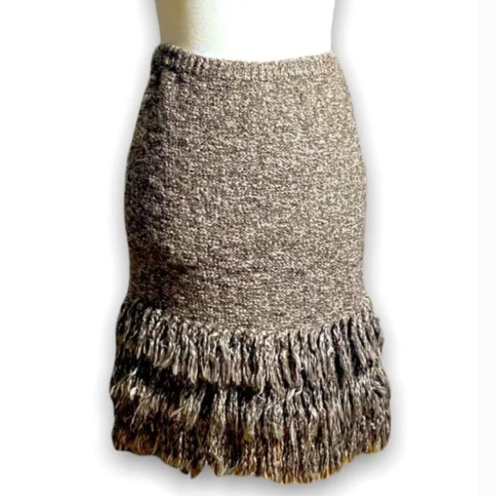 SPARROW ANTHROPOLOGIE Brown Beige Tweed Fringed knit Skirt Sz M